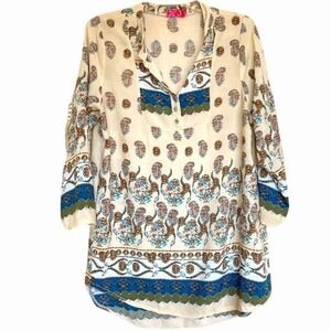 Handmade kalamkari paisley printed  Boho  3/4 sleeves high low tunic top women M